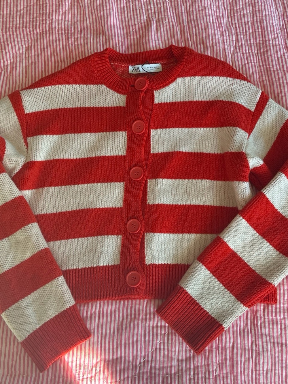 Zara Red and White Striped Button-Front Cardigan - Picture 2 of 4
